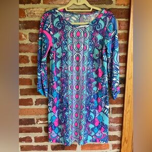 Lilly Pulitzer Pima Cotton Linden Dress "Sea Jewels" 3/4 Sleeves, Blue/Pink, S